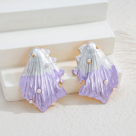 Picture of Wholesale Ocean Jewelry Stylish Ear Post Stud Earrings, Shell Purple Enamel 18K Gold Plated 304 Stainless Steel, Women's Eco-friendly PVD Gift Jewelry Supply, 4.2cm x 3cm, 1 Pair