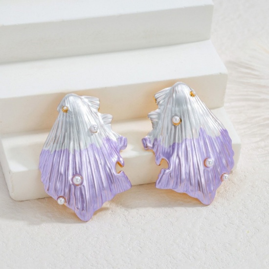 Изображение Оптовая Морские Украшения Стильный Серьги Шпильки, Перламутр Фиолетовый С Эмалью 18K позолоченный 304 Нержавеющая Сталь, Женские Экологичное PVD подарок Поставки Ювелирная 4.2см x 3см, 1 Пара