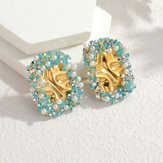 Imagen de Exquisito Elegante Pendientes de Poste de Oreja Al Por Mayor, Rectángulo Chapado en Oro de 18K 304 Acero Inoxidable y Diamantes de Imitación, Mujeres PVD Ecológico Regalo Suministro de Joyería, 3.5cm x 2.9cm, 1 Par