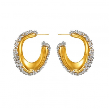 Imagen de Exquisito Elegante Pendientes de Aro Al Por Mayor, Forma de C Transparente Rhinestone Chapado en Oro de 18K 304 Acero Inoxidable, Mujeres PVD Ecológico Regalo Suministro de Joyería, 4.4cm x 3.6cm, 1 Par