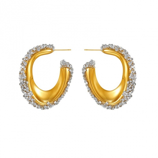 Immagine di Squisito Elegante Orecchini Circolari All'Ingrosso, Forma di C Trasparente Strass Placcato Oro 18K 304 Acciaio Inossidabile, Donne PVD Ecologica Regalo Fornitura di Gioielli, 4.4cm x 3.6cm, 1 Paio