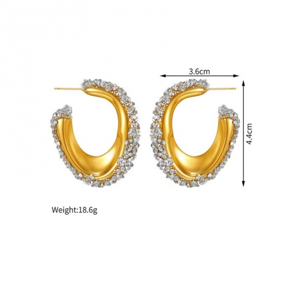 Immagine di Squisito Elegante Orecchini Circolari All'Ingrosso, Forma di C Trasparente Strass Placcato Oro 18K 304 Acciaio Inossidabile, Donne PVD Ecologica Regalo Fornitura di Gioielli, 4.4cm x 3.6cm, 1 Paio