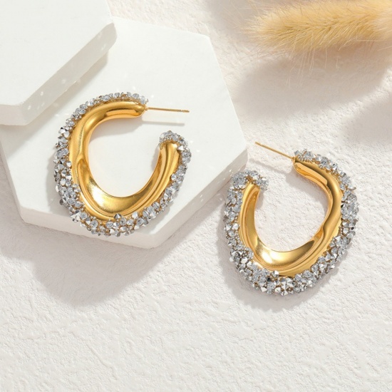 Immagine di Squisito Elegante Orecchini Circolari All'Ingrosso, Forma di C Trasparente Strass Placcato Oro 18K 304 Acciaio Inossidabile, Donne PVD Ecologica Regalo Fornitura di Gioielli, 4.4cm x 3.6cm, 1 Paio