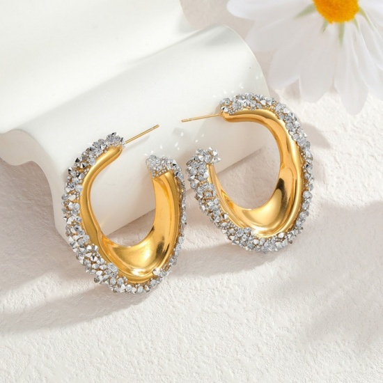 Immagine di Squisito Elegante Orecchini Circolari All'Ingrosso, Forma di C Trasparente Strass Placcato Oro 18K 304 Acciaio Inossidabile, Donne PVD Ecologica Regalo Fornitura di Gioielli, 4.4cm x 3.6cm, 1 Paio