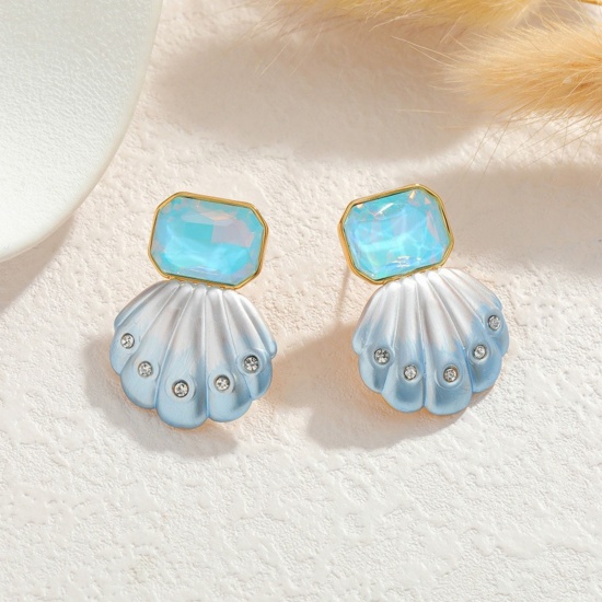 Imagen de Joyería del océano Elegante Pendientes de Poste de Oreja Al Por Mayor, Concha Claro Circón Artificial Azul Degradado de Color Chapado en Oro de 18K 304 Acero Inoxidable, Mujeres PVD Ecológico Regalo Suministro de Joyería, 3cm x 2.2cm, 1 Par