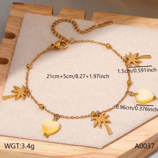 Imagen de Árbol de Coco Corazón Concha Naturales 304 Acero Inoxidable Tobillera de Estación Al Por Mayor, Chapado en Oro de 18K PVD Ecológico, Mujeres Elegante Dulce & Lindo Regalo Suministro de Joyería, 21cm + 5cm longitud, 1 Unidad