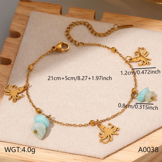 Imagen de Pulpo Piedra Natural 304 Acero Inoxidable Tobillera de Estación Al Por Mayor, Chapado en Oro de 18K PVD Ecológico, Mujeres Elegante Dulce & Lindo Regalo Suministro de Joyería, 21cm + 5cm longitud, 1 Unidad
