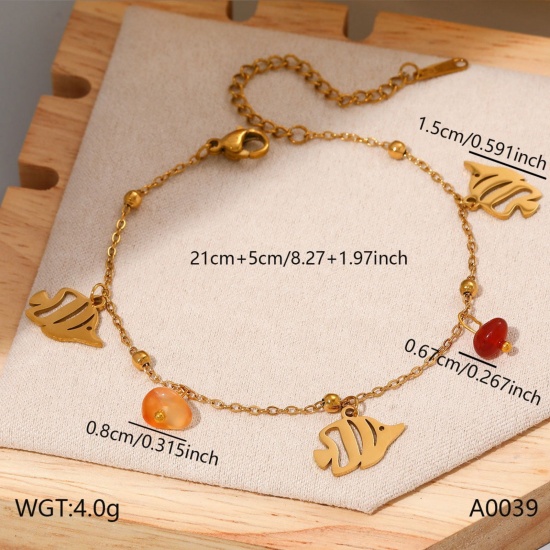 Imagen de Pez Piedra Natural 304 Acero Inoxidable Tobillera de Estación Al Por Mayor, Chapado en Oro de 18K PVD Ecológico, Mujeres Elegante Dulce & Lindo Regalo Suministro de Joyería, 21cm + 5cm longitud, 1 Unidad