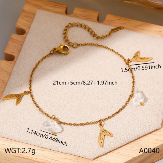 Imagen de Cola de pescado Piedra Natural 304 Acero Inoxidable Tobillera de Estación Al Por Mayor, Chapado en Oro de 18K PVD Ecológico, Mujeres Elegante Dulce & Lindo Regalo Suministro de Joyería, 21cm + 5cm longitud, 1 Unidad