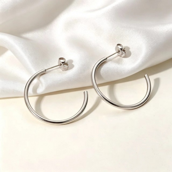 Imagen de Elegante Minimalista Pendientes de Aro Al Por Mayor, Forma de C Tono de Plata 304 Acero Inoxidable, Unisex Regalo Suministro de Joyería, 20mm Dia., 1 Par