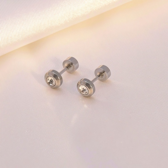 Imagen de Clásico Elegante Pendientes con Cierre de Rosca Al Por Mayor, Ronda Transparente Rhinestone Tono de Plata 304 Acero Inoxidable, Unisex Regalo Suministro de Joyería, 5mm Dia., Tamaño del Poste/Cable: 0.8mm(20 gauge), 2 Unidades