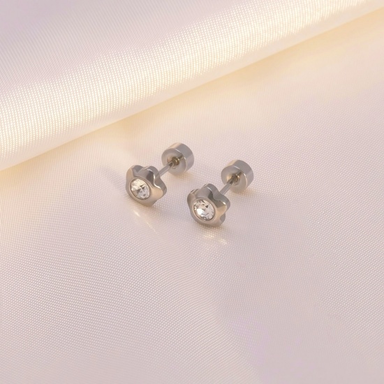 Imagen de Clásico Elegante Pendientes con Cierre de Rosca Al Por Mayor, Flor Transparente Rhinestone Tono de Plata 304 Acero Inoxidable, Unisex Regalo Suministro de Joyería, 5.8mm, Tamaño del Poste/Cable: 0.8mm(20 gauge), 2 Unidades