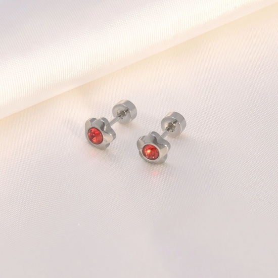 Imagen de Clásico Elegante Pendientes con Cierre de Rosca Al Por Mayor, Flor Rojo Rhinestone Tono de Plata 304 Acero Inoxidable, Unisex Regalo Suministro de Joyería, 5.8mm, Tamaño del Poste/Cable: 0.8mm(20 gauge), 2 Unidades