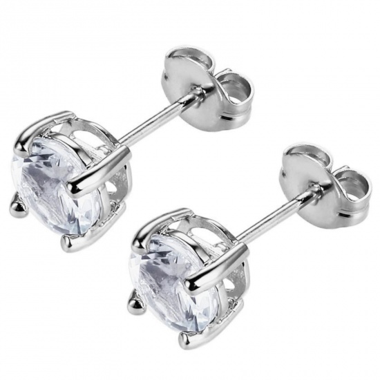 Immagine di Elegante Elegante Pietra Di Nascita Aprile Orecchini a Perno All'Ingrosso, Tondo Trasparente Circonio Cubico Tono Argento 304 Acciaio Inossidabile, Donne Regalo Fornitura di Gioielli, 6mm Dia., Posta/Filo Dimensione: 0.7mm(21 misura), 2 Pz