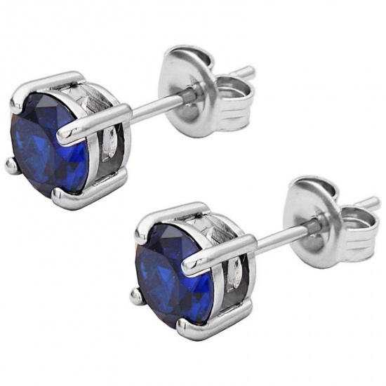 Immagine di Elegante Elegante Pietra Di Nascita Settembre Orecchini a Perno All'Ingrosso, Tondo Blu Marino Circonio Cubico Tono Argento 304 Acciaio Inossidabile, Donne Regalo Fornitura di Gioielli, 6mm Dia., Posta/Filo Dimensione: 0.7mm(21 misura), 2 Pz