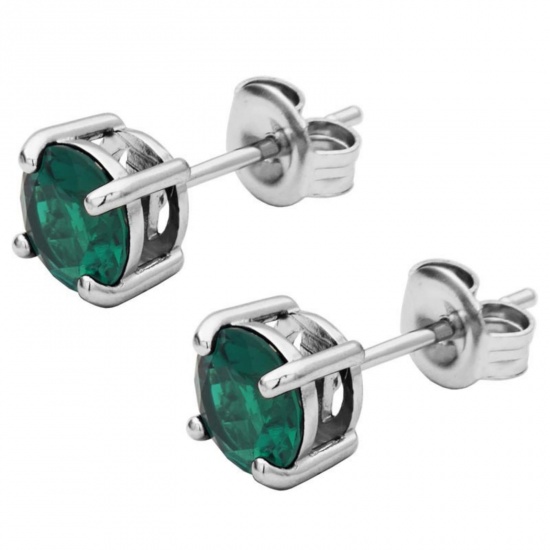 Immagine di Elegante Elegante Pietra Di Nascita Maggio Orecchini a Perno All'Ingrosso, Tondo Smeraldo Circonio Cubico Tono Argento 304 Acciaio Inossidabile, Donne Regalo Fornitura di Gioielli, 6mm Dia., Posta/Filo Dimensione: 0.7mm(21 misura), 2 Pz