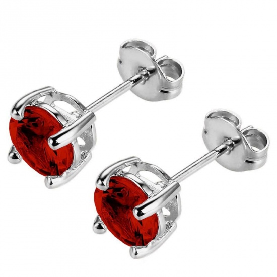 Immagine di Elegante Elegante Pietra Di Nascita Luglio Orecchini a Perno All'Ingrosso, Tondo Rosso Circonio Cubico Tono Argento 304 Acciaio Inossidabile, Donne Regalo Fornitura di Gioielli, 6mm Dia., Posta/Filo Dimensione: 0.7mm(21 misura), 2 Pz