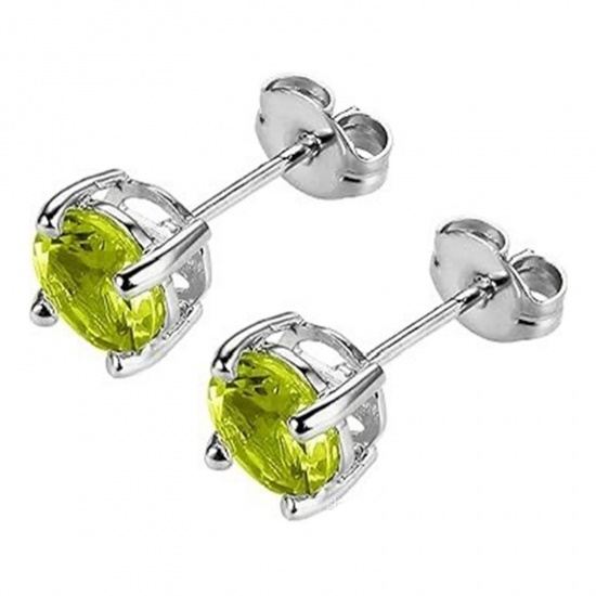 Immagine di Elegante Elegante Pietra Di Nascita Agosto Orecchini a Perno All'Ingrosso, Tondo Verde Circonio Cubico Tono Argento 304 Acciaio Inossidabile, Donne Regalo Fornitura di Gioielli, 6mm Dia., Posta/Filo Dimensione: 0.7mm(21 misura), 2 Pz