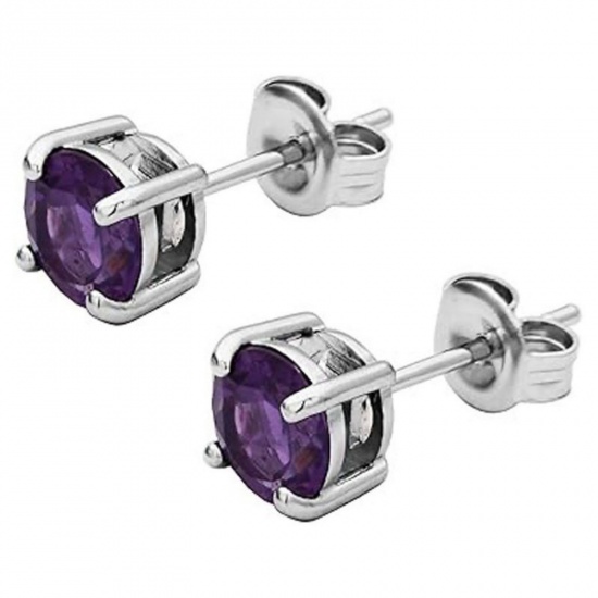Immagine di Elegante Elegante Pietra Di Nascita Febbraio Orecchini a Perno All'Ingrosso, Tondo Viola Circonio Cubico Tono Argento 304 Acciaio Inossidabile, Donne Regalo Fornitura di Gioielli, 6mm Dia., Posta/Filo Dimensione: 0.7mm(21 misura), 2 Pz