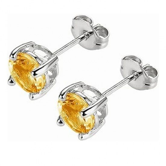 Immagine di Elegante Elegante Pietra Di Nascita Novembre Orecchini a Perno All'Ingrosso, Tondo Giallo Circonio Cubico Tono Argento 304 Acciaio Inossidabile, Donne Regalo Fornitura di Gioielli, 6mm Dia., Posta/Filo Dimensione: 0.7mm(21 misura), 2 Pz