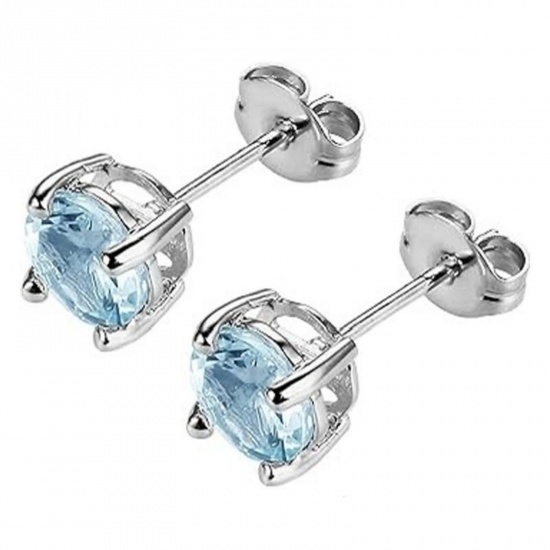 Immagine di Elegante Elegante Pietra Di Nascita Dicembre Orecchini a Perno All'Ingrosso, Tondo Blu Pallido Circonio Cubico Tono Argento 304 Acciaio Inossidabile, Donne Regalo Fornitura di Gioielli, 6mm Dia., Posta/Filo Dimensione: 0.7mm(21 misura), 2 Pz