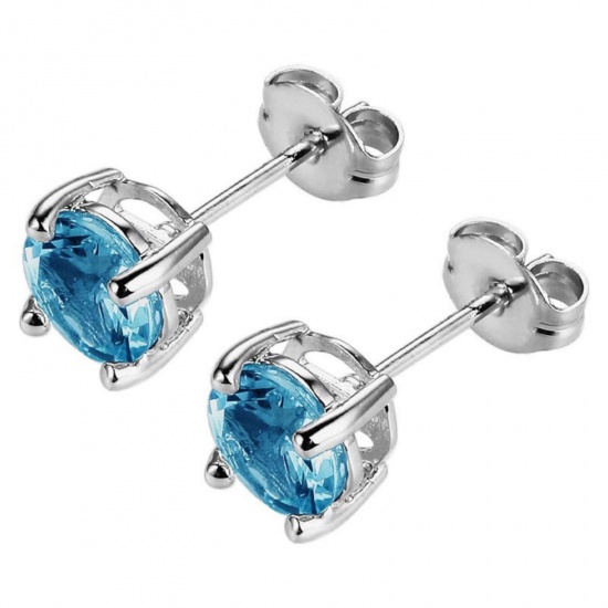 Immagine di Elegante Elegante Pietra Di Nascita Marzo Orecchini a Perno All'Ingrosso, Tondo Acqua Blu Circonio Cubico Tono Argento 304 Acciaio Inossidabile, Donne Regalo Fornitura di Gioielli, 6mm Dia., Posta/Filo Dimensione: 0.7mm(21 misura), 2 Pz
