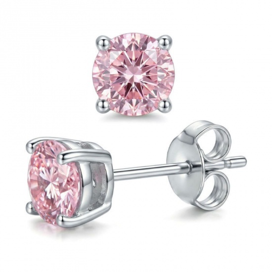 Immagine di Elegante Elegante Pietra Di Nascita Ottobre Orecchini a Perno All'Ingrosso, Tondo Rosa Circonio Cubico Tono Argento 304 Acciaio Inossidabile, Donne Regalo Fornitura di Gioielli, 6mm Dia., Posta/Filo Dimensione: 0.7mm(21 misura), 2 Pz