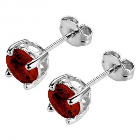 Immagine di Elegante Elegante Pietra Di Nascita Gennaio Orecchini a Perno All'Ingrosso, Tondo Vino Rosso Circonio Cubico Tono Argento 304 Acciaio Inossidabile, Donne Regalo Fornitura di Gioielli, 6mm Dia., Posta/Filo Dimensione: 0.7mm(21 misura), 2 Pz