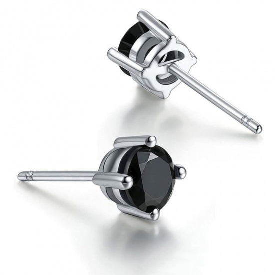 Immagine di Elegante Elegante Pietra Di Nascita Giugno Orecchini a Perno All'Ingrosso, Tondo Nero Circonio Cubico Tono Argento 304 Acciaio Inossidabile, Donne Regalo Fornitura di Gioielli, 6mm Dia., Posta/Filo Dimensione: 0.7mm(21 misura), 2 Pz