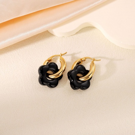 Imagen de Elegante & Casual Bohemia Pendientes de Aro Al Por Mayor, Ronda Flor Negro Chapado en Oro de 18K 304 Acero Inoxidable & Resina, Mujeres Enchapado al Vacío Regalo Suministro de Joyería, 14mm Dia., 1 Par