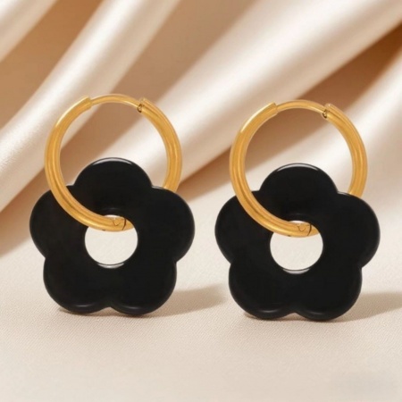 Imagen de Elegante & Casual Bohemia Pendientes de Aro Al Por Mayor, Ronda Flor Negro Chapado en Oro de 18K 304 Acero Inoxidable & Resina, Mujeres Enchapado al Vacío Regalo Suministro de Joyería, 14mm Dia., 1 Par