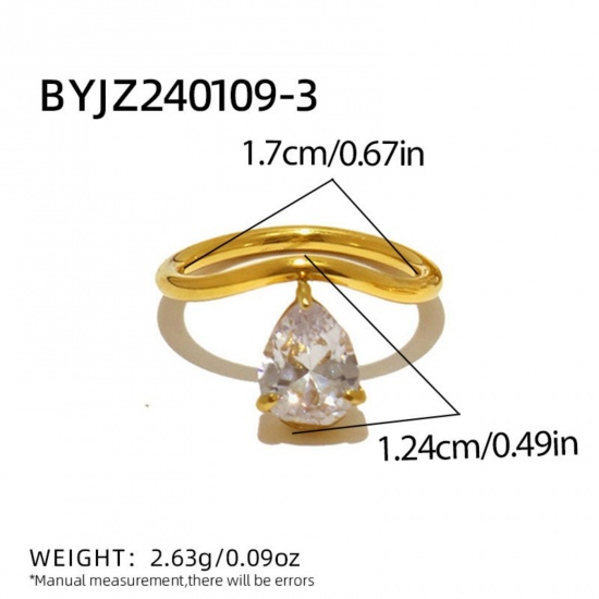 Immagine di Donne Regalo Goccia Trasparente Circonio Cubico Non Regolabile Anello All'Ingrosso, Placcato Oro 18K 304 Acciaio Inossidabile, Elegante Elegante Fornitura di Gioielli, 17.1mm (taglia di US: 6.75), 1 Pz