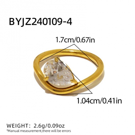 Immagine di Donne Regalo Goccia Trasparente Circonio Cubico Non Regolabile Anello All'Ingrosso, Placcato Oro 18K 304 Acciaio Inossidabile, Elegante Elegante Fornitura di Gioielli, 17.1mm (taglia di US: 6.75), 1 Pz