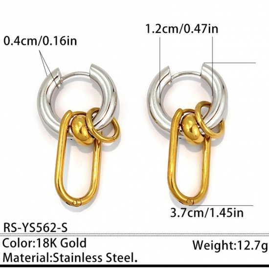 Immagine di Squisito Elegante Orecchini Circolari All'Ingrosso, Doppio Colore Argento e Placcato Oro 18K 304 Acciaio Inossidabile, Donne PVD Ecologica Regalo Fornitura di Gioielli, 3.7cm x 1.6cm, 1 Paio