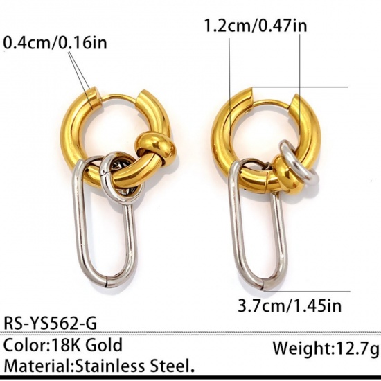 Immagine di Squisito Elegante Orecchini Circolari All'Ingrosso, Doppio Colore Argento e Placcato Oro 18K 304 Acciaio Inossidabile, Donne PVD Ecologica Regalo Fornitura di Gioielli, 3.7cm x 1.6cm, 1 Paio