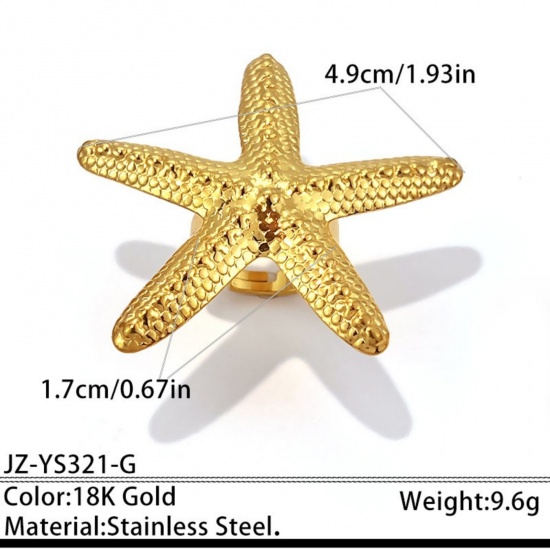 Immagine di Donne Regalo Stella di Mare Aperto Regolabile Anello All'Ingrosso, Placcato Oro 18K 304 Acciaio Inossidabile, PVD Ecologica Gioielli Oceanici Elegante Fornitura di Gioielli, 17mm (taglia di US: 6.5), 1 Pz