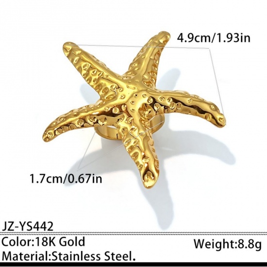 Immagine di Donne Regalo Stella di Mare Aperto Regolabile Anello All'Ingrosso, Placcato Oro 18K 304 Acciaio Inossidabile, PVD Ecologica Gioielli Oceanici Elegante Fornitura di Gioielli, 17mm (taglia di US: 6.5), 1 Pz