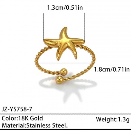 Picture of Wholesale Women's Gift Starfish Open Adjustable Rings, 18K Gold Plated 304 Stainless Steel, Eco-friendly PVD Ocean Jewelry Stylish Jewelry Supply, 18mm(US Size 7.75), 1 Piece
