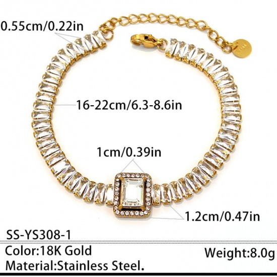 Picture of Wholesale Rectangle Clear Cubic Zirconia 304 Stainless Steel Tennis Bracelet, 18K Gold Plated Eco-friendly PVD, Women's Elegant Stylish Gift Jewelry Supply, 16cm(6.3") + 6cm(2.4") long, 1 Piece