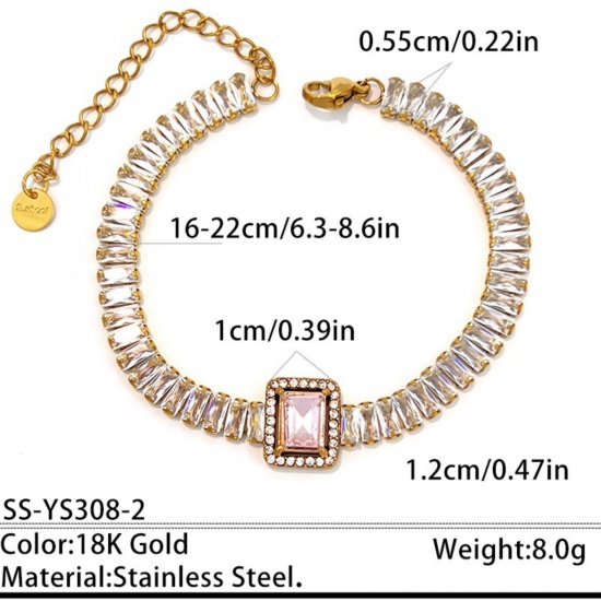 Picture of Wholesale Rectangle Pink Cubic Zirconia 304 Stainless Steel Tennis Bracelet, 18K Gold Plated Eco-friendly PVD, Women's Elegant Stylish Gift Jewelry Supply, 16cm(6.3") + 6cm(2.4") long, 1 Piece