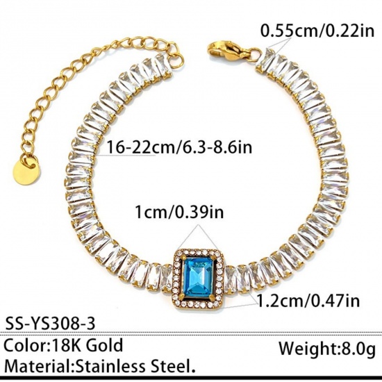Picture of Wholesale Rectangle Blue Cubic Zirconia 304 Stainless Steel Tennis Bracelet, 18K Gold Plated Eco-friendly PVD, Women's Elegant Stylish Gift Jewelry Supply, 16cm(6.3") + 6cm(2.4") long, 1 Piece