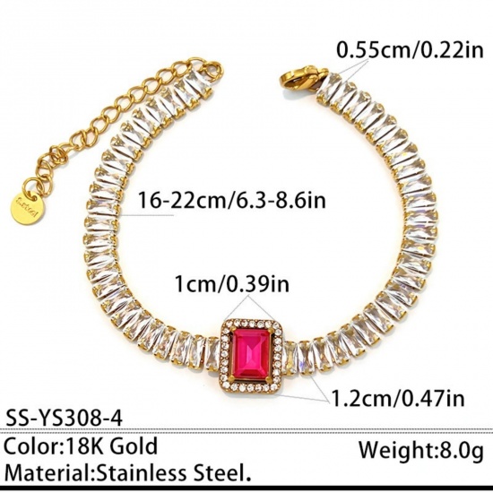 Picture of Wholesale Rectangle Fuchsia Cubic Zirconia 304 Stainless Steel Tennis Bracelet, 18K Gold Plated Eco-friendly PVD, Women's Elegant Stylish Gift Jewelry Supply, 16cm(6.3") + 6cm(2.4") long, 1 Piece