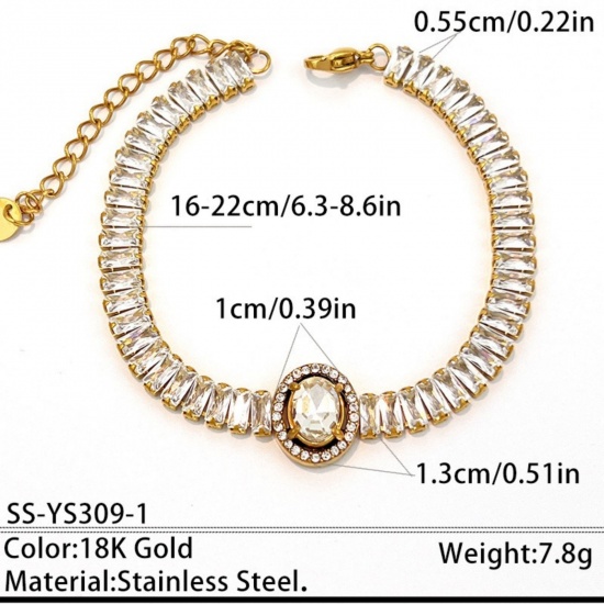 Picture of Wholesale Oval Clear Cubic Zirconia 304 Stainless Steel Tennis Bracelet, 18K Gold Plated Eco-friendly PVD, Women's Elegant Stylish Gift Jewelry Supply, 16cm(6.3") + 6cm(2.4") long, 1 Piece