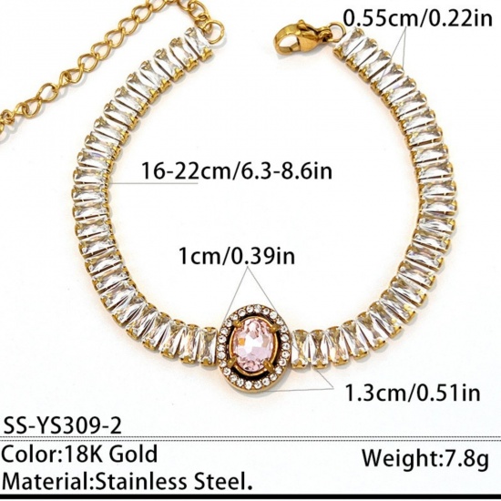 Picture of Wholesale Oval Pink Cubic Zirconia 304 Stainless Steel Tennis Bracelet, 18K Gold Plated Eco-friendly PVD, Women's Elegant Stylish Gift Jewelry Supply, 16cm(6.3") + 6cm(2.4") long, 1 Piece