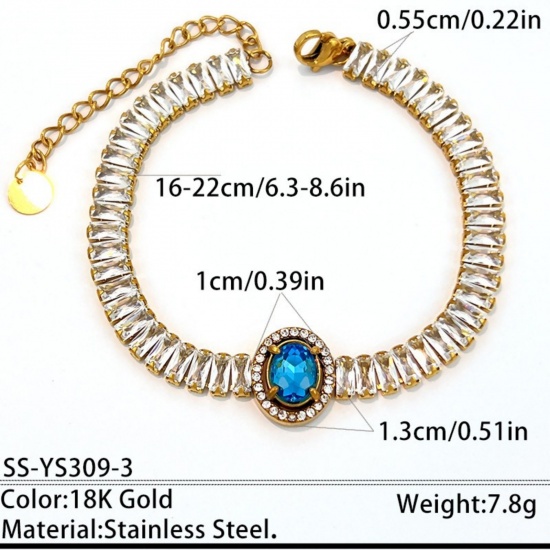 Picture of Wholesale Oval Blue Cubic Zirconia 304 Stainless Steel Tennis Bracelet, 18K Gold Plated Eco-friendly PVD, Women's Elegant Stylish Gift Jewelry Supply, 16cm(6.3") + 6cm(2.4") long, 1 Piece