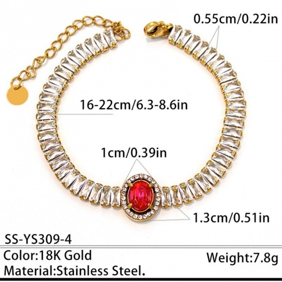 Picture of Wholesale Oval Fuchsia Cubic Zirconia 304 Stainless Steel Tennis Bracelet, 18K Gold Plated Eco-friendly PVD, Women's Elegant Stylish Gift Jewelry Supply, 16cm(6.3") + 6cm(2.4") long, 1 Piece