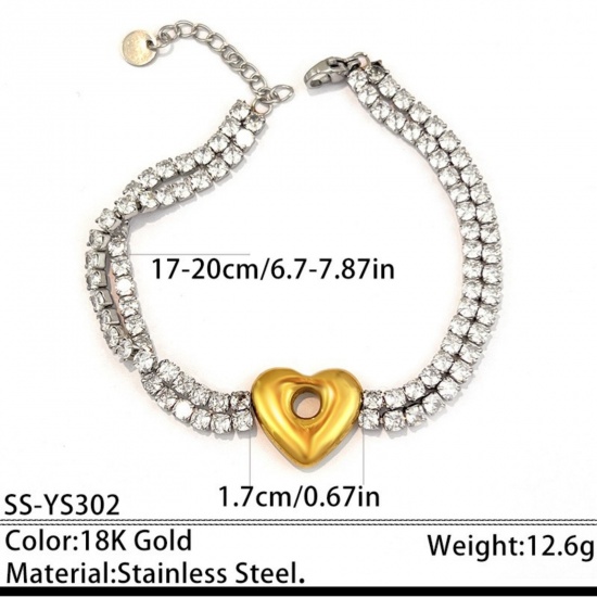 Picture of Wholesale Heart Clear Cubic Zirconia 304 Stainless Steel Tennis Bracelet, Silver Tone & 18K Gold Plated Eco-friendly, Women's Valentine's Day Stylish Gift Jewelry Supply, 17cm(6.7") + 3cm(1.2") long, 1 Piece