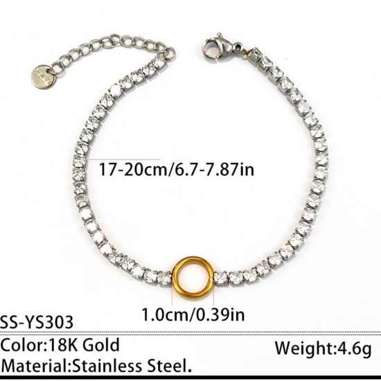 Picture of Wholesale Round Clear Cubic Zirconia 304 Stainless Steel Tennis Bracelet, Silver Tone & 18K Gold Plated Eco-friendly, Women's Elegant Stylish Gift Jewelry Supply, 17cm(6.7") + 3cm(1.2") long, 1 Piece