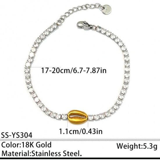 Picture of Wholesale Shell Clear Cubic Zirconia 304 Stainless Steel Tennis Bracelet, Silver Tone & 18K Gold Plated Eco-friendly, Women's Elegant Stylish Gift Jewelry Supply, 17cm(6.7") + 3cm(1.2") long, 1 Piece