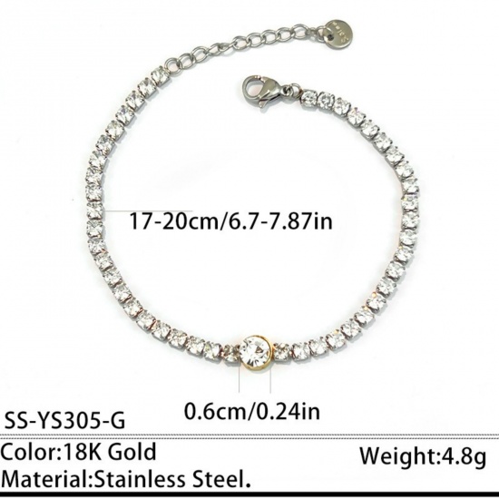 Picture of Wholesale Clear Cubic Zirconia 304 Stainless Steel Tennis Bracelet, Silver Tone & 18K Gold Plated Eco-friendly, Women's Elegant Stylish Gift Jewelry Supply, 17cm(6.7") + 3cm(1.2") long, 1 Piece